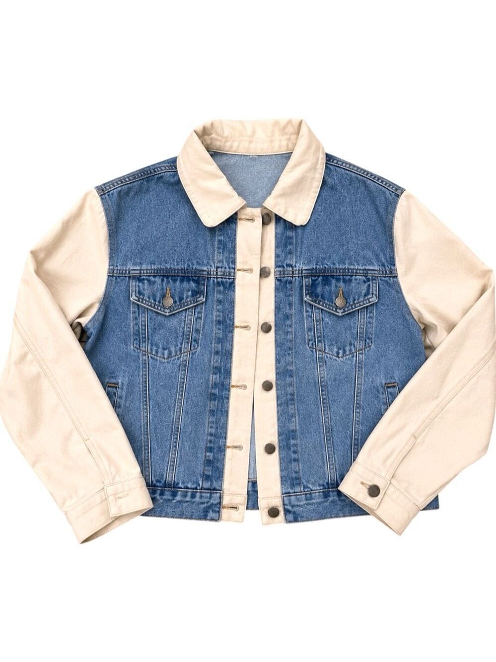 Annie Wear Two Tone Denim Jacket Cream Contrast Sleeve Colorblock Jean Shacket - Picture 8 of 8